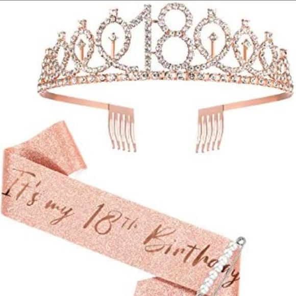 Rose Gold Sweet 18 Party Bundle: Crown and Sash included!